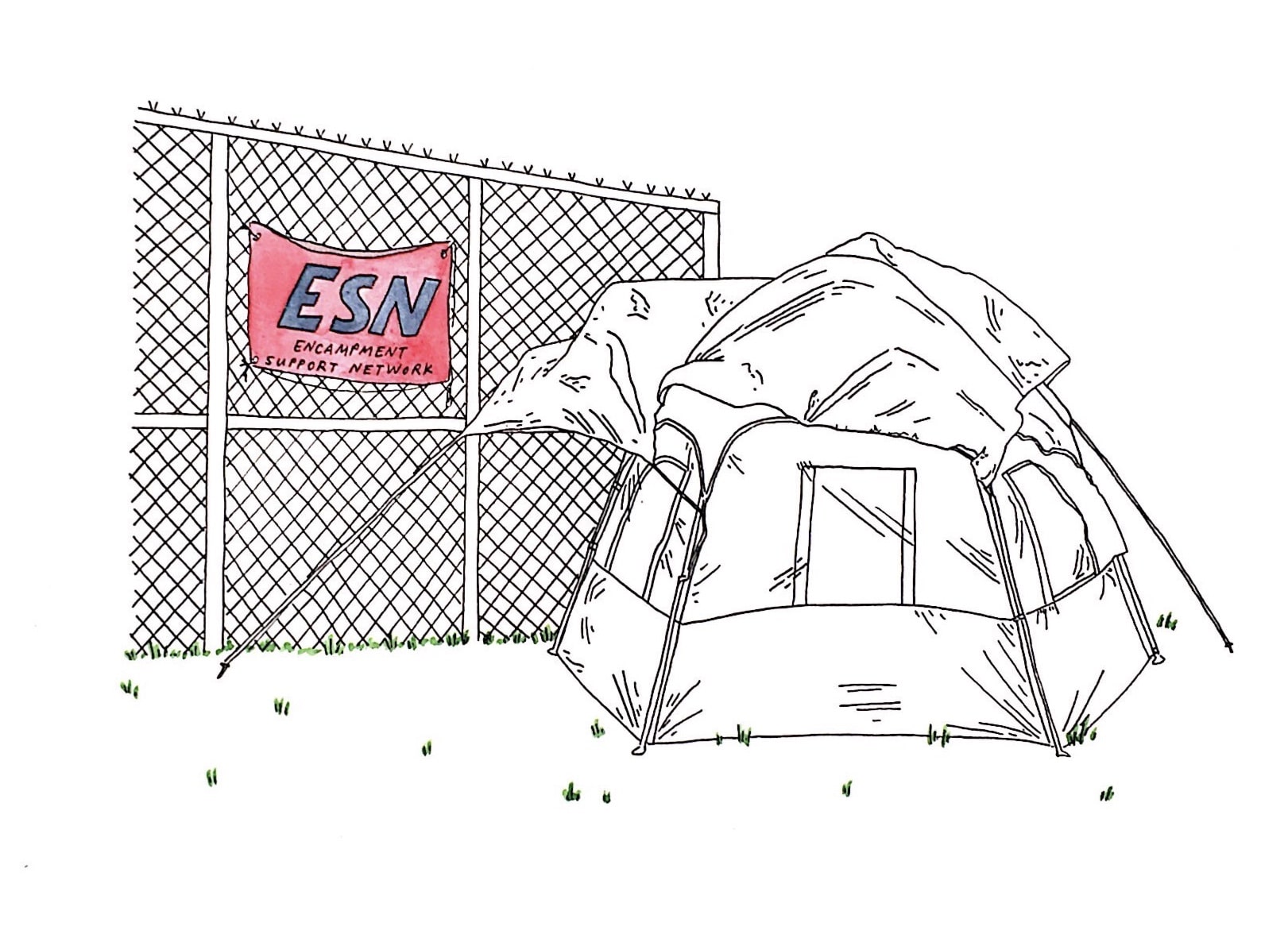 A drawing of a tent next to a chainlink fence with a sign hung on it that reads "ESN: Encampment Support Network"