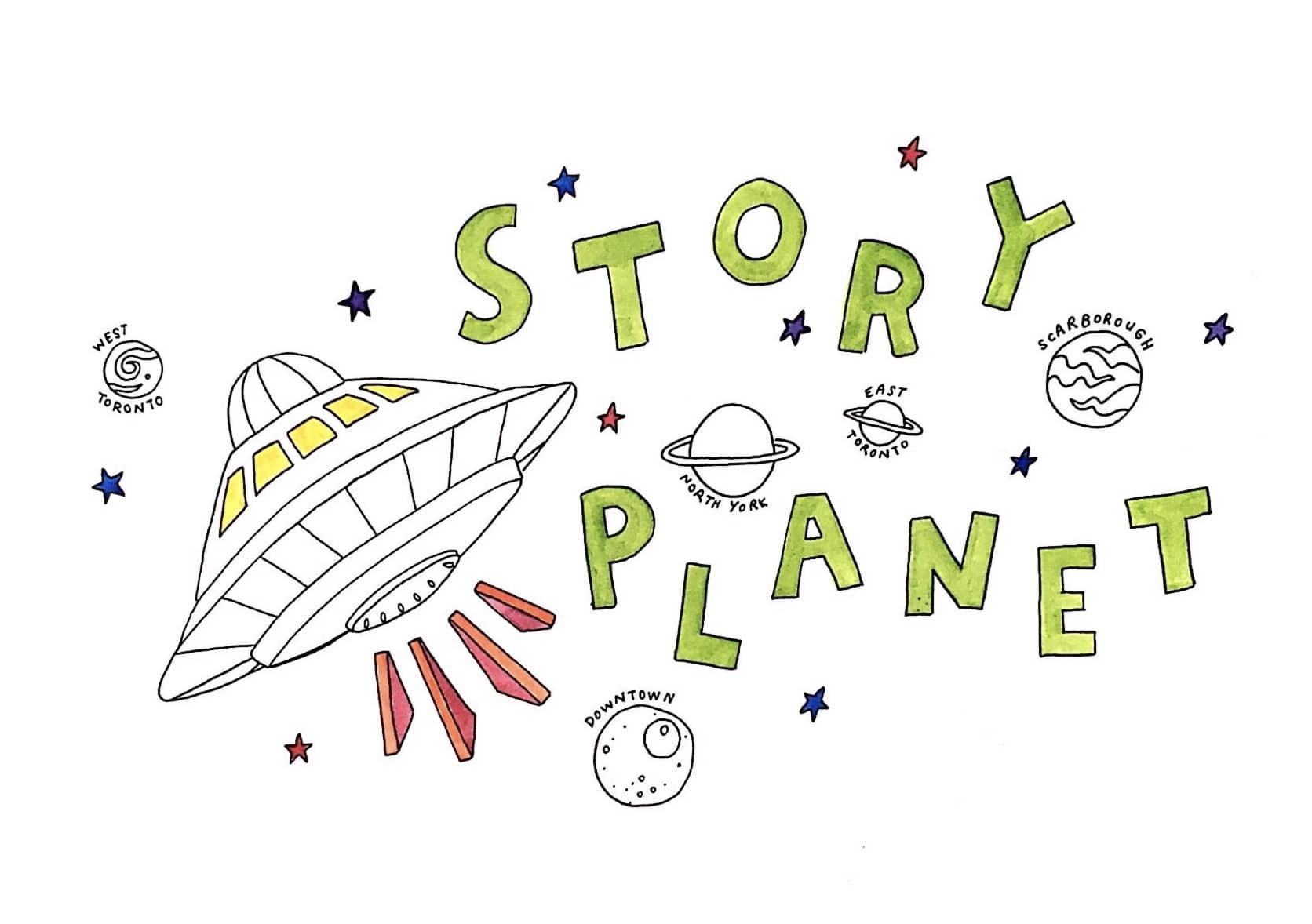 A drawing of a UFO next to the words "Story Planet", and surrounded by planets, each labelled to represent an area of Toronto