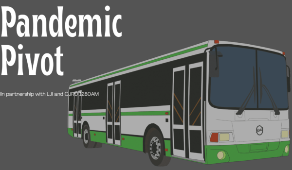 The TTC aims to do more with less. Graphic of bus and 'pandemic pivot' lettering