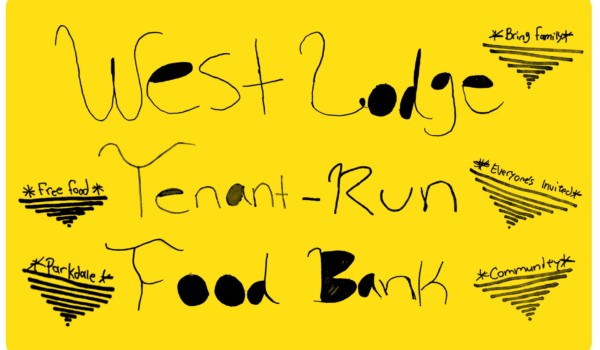 West Lodge tenant-run food bank graphic, black lettering against yellow background