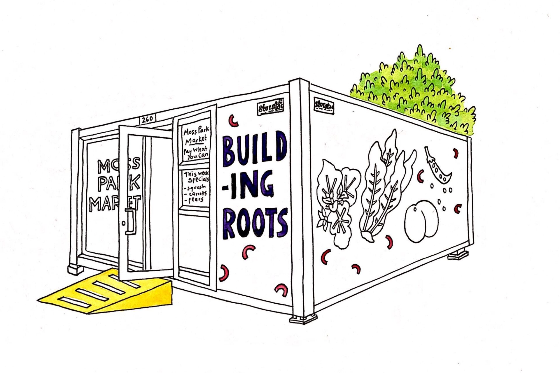A hand-drawn image of a shipping container with "Building Roots" written on the front