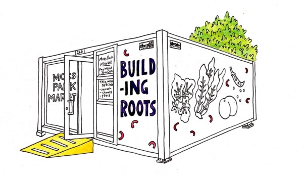 A hand-drawn image of a shipping container with 
