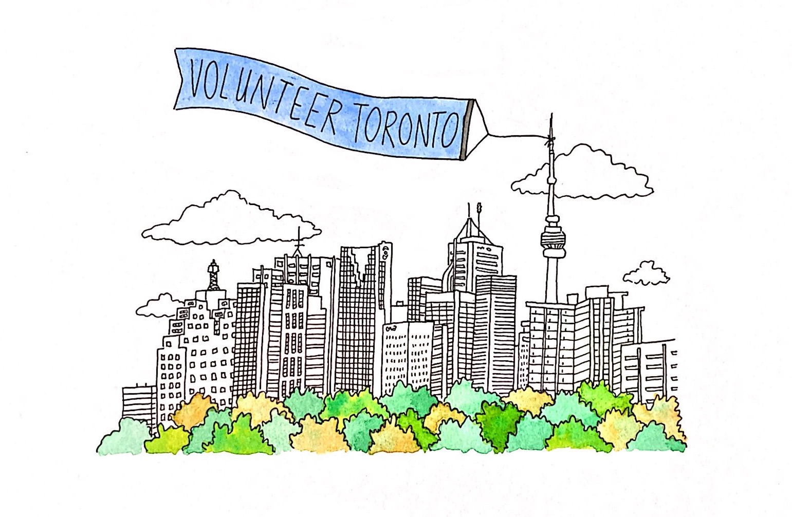 A hand-drawn image of the Toronto skyline, with a banner reading "Volunteer toronto" flying from the CN Tower