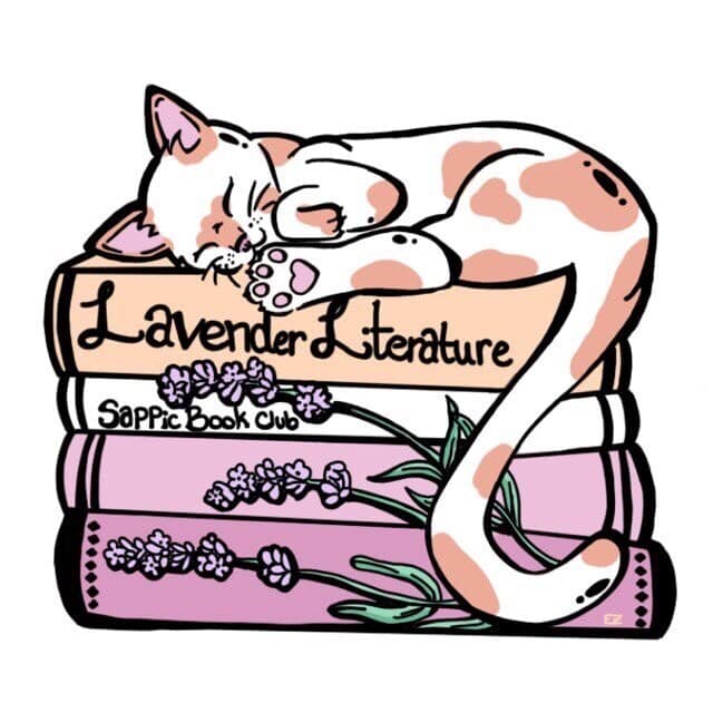 A cartoon cat is laying on a cartoon pile of books. The spine of the top book reads "Lavender Literature"