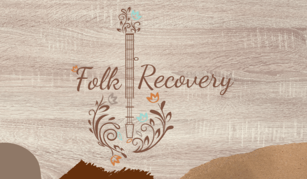 Folk Recovery logo. There is a banjo with flower embellishments between the text