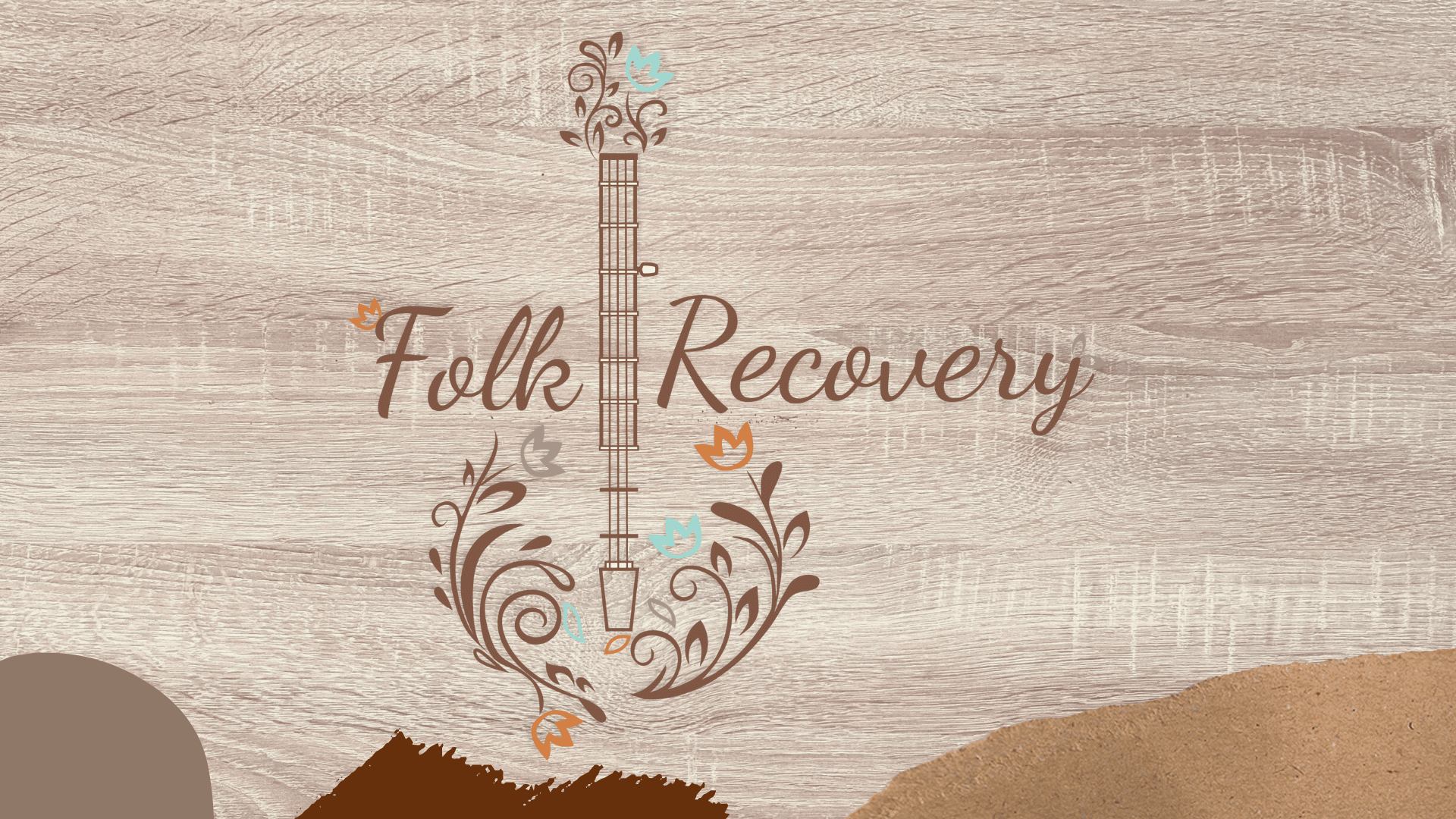 Folk Recovery logo. There is a banjo with flower embellishments between the text